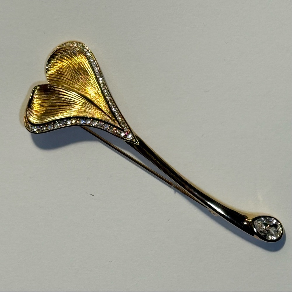 Vintage CHRISTIAN DIOR Gold Plated Crystal Ginkgo Leaf Brooch